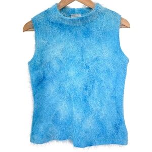 Y2K Moine Fuzzy Mockneck Eyelash Knit Sleeveless Top Sky Blue